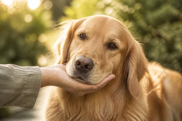 Bir insanın eline başını yaslayan köpek